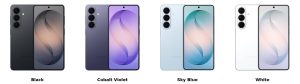 Samsung Galaxy S26 5G in all available colours - Cobalt Violet, Sky Blue, Black, and White